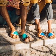 'SUNSET' - Türkise Sandalen in Ocean, Weiß, Senf, Terracotta - vegan by Fünve / Buddify