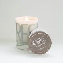 Serenity candle is filled in a beautiful, custom glass vessel with the word by Labyrinth Made Goods