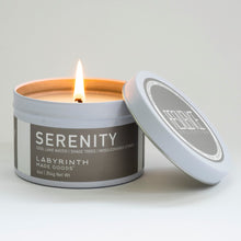 Serenity candle is filled in a beautiful, custom glass vessel with the word by Labyrinth Made Goods