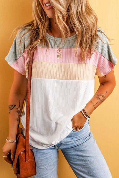 Color Block Round Neck Short Sleeve T-Shirt by Trendsi
