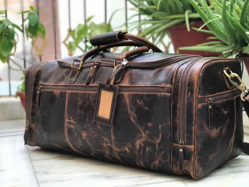 24 inch Genuine Leather Brown Weekend Bag