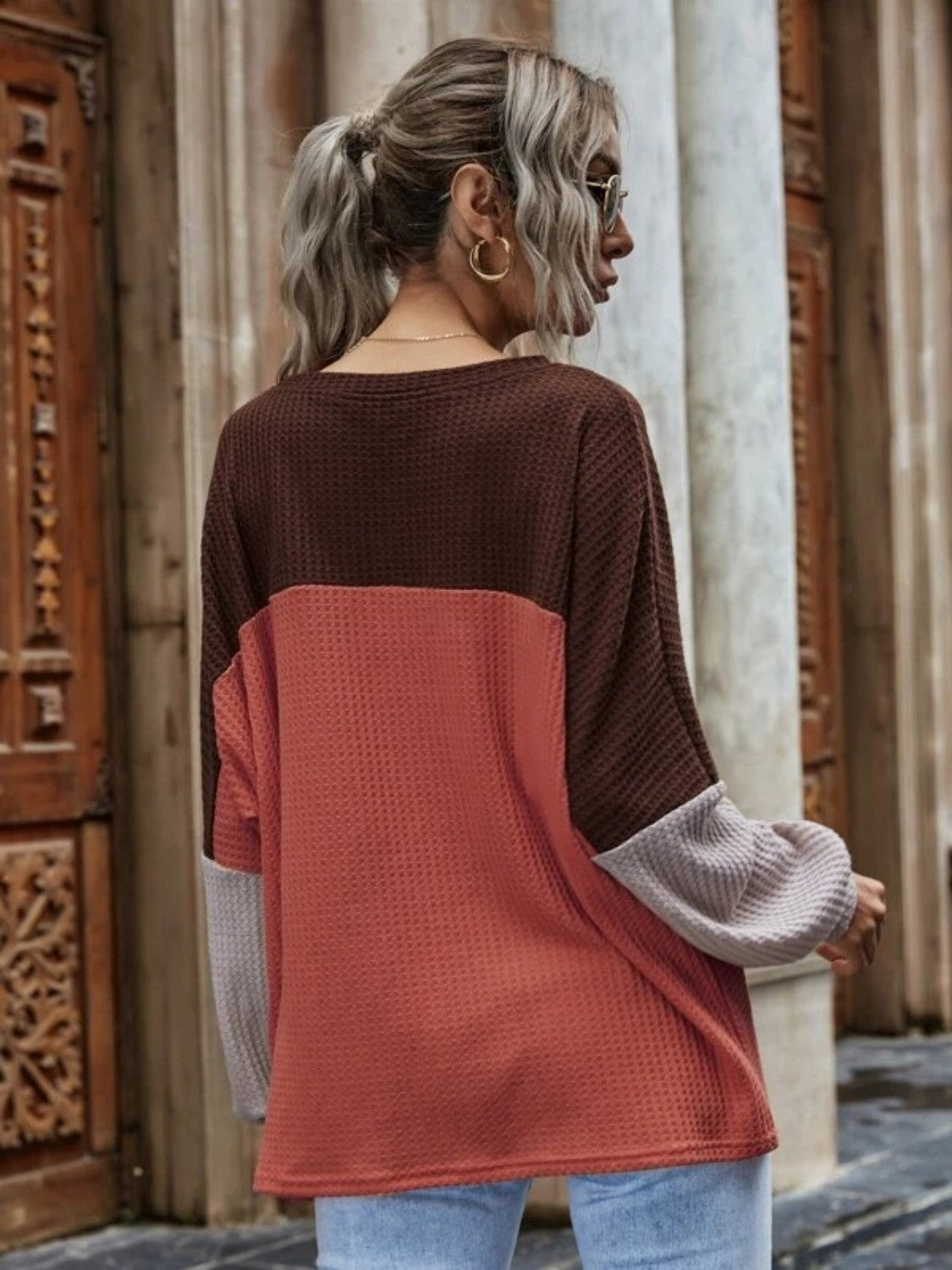 Color Block Waffle-Knit Long Sleeve Top by Trendsi