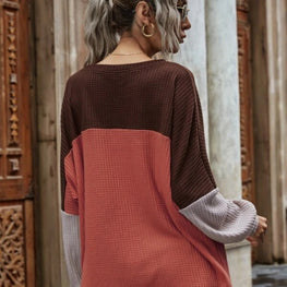 Color Block Waffle-Knit Long Sleeve Top by Trendsi