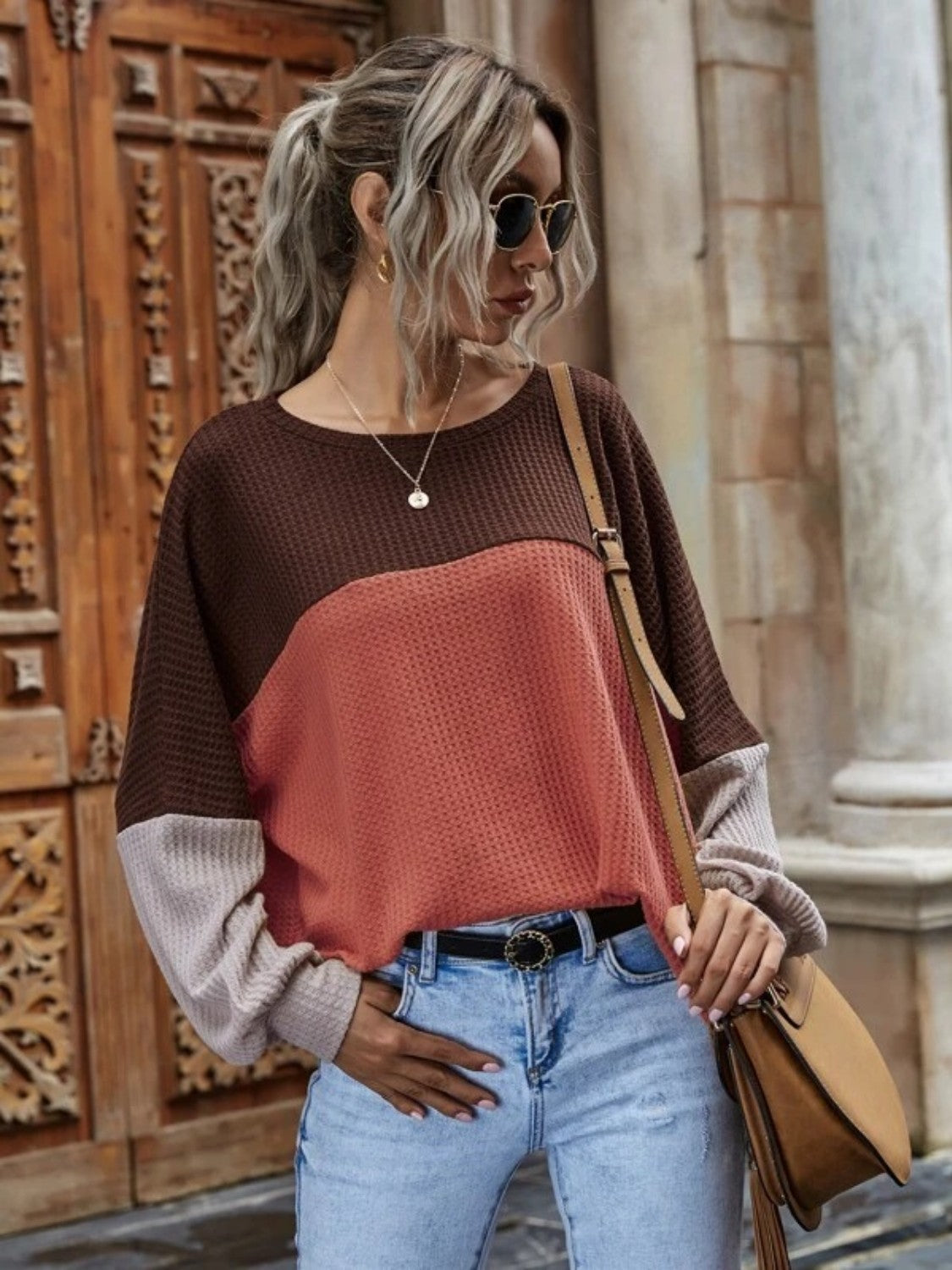 Color Block Waffle-Knit Long Sleeve Top by Trendsi