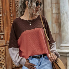 Color Block Waffle-Knit Long Sleeve Top by Trendsi