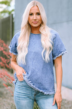 Round Neck Raglan Sleeve Raw Hem Denim Top by Trendsi