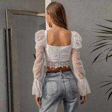 Chiffon lace stitching square collar women's top by Wiio